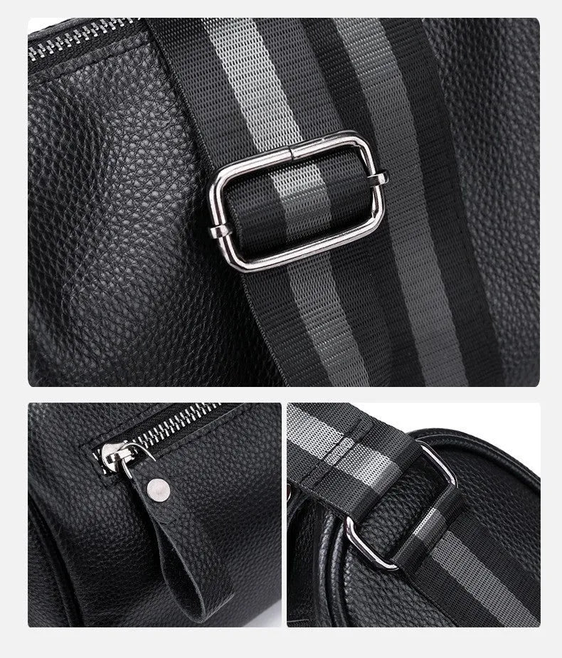Black genuine leather one-shoulder crossbody bag showing front view and spacious interior.