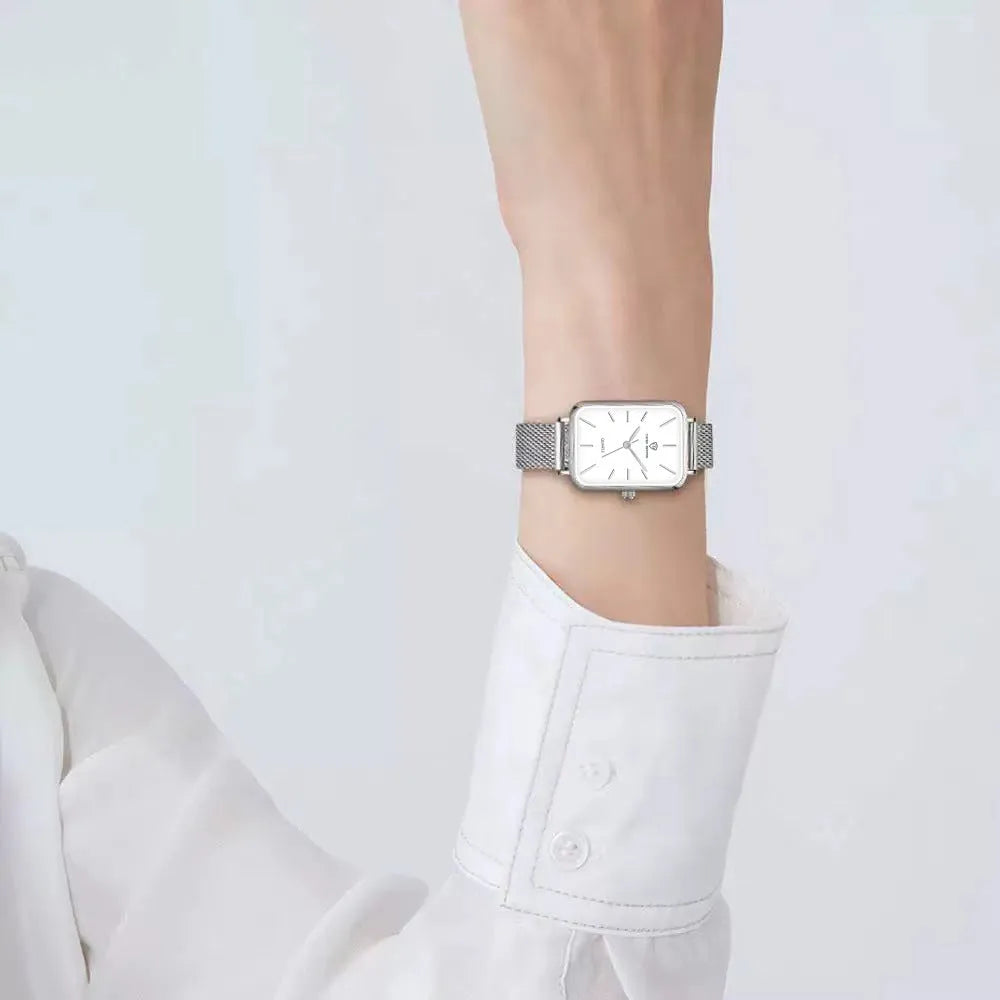 Women's rose gold and silver quartz watch with woven steel belt and 34mm alloy case