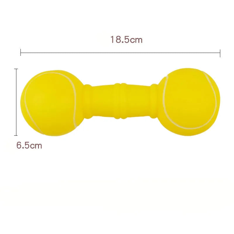 Colourful PVC squeaky dog toy shaped like a football dumbbell on a white background.