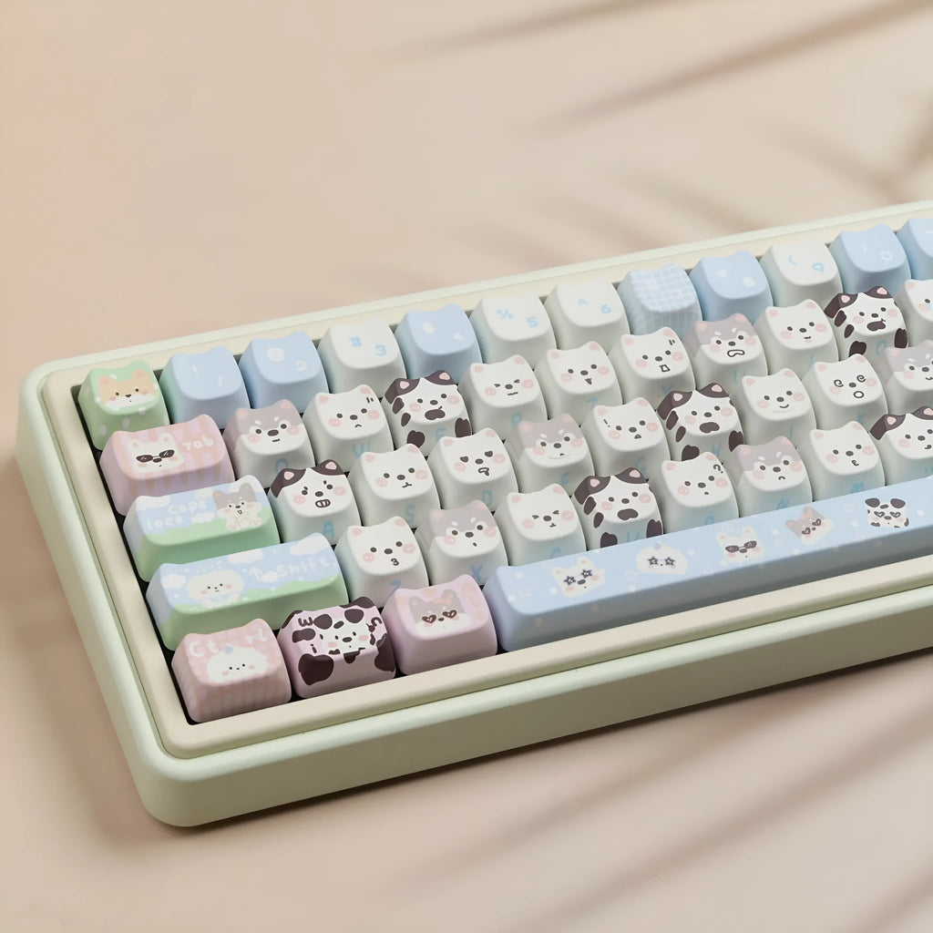 Full set of mechanical keyboard keycaps with colourful cat and puppy sublimation printing on PBT plastic
