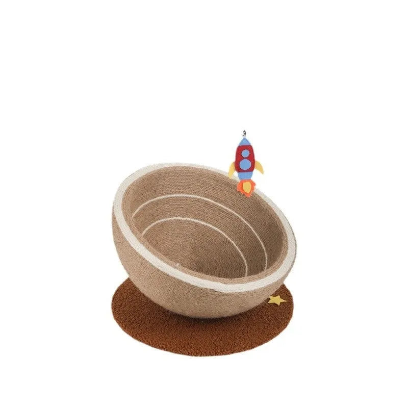 Large integrated cat scratching basin with sisal rope scratching surface and flannel-lined sleeping nest in starlight pattern