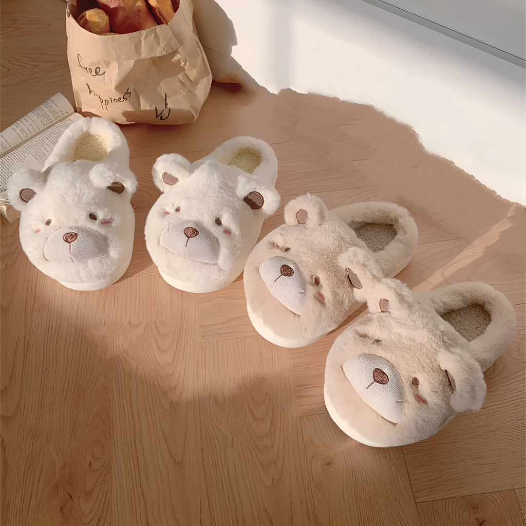 Women's cartoon patterned brown suede Baotou plush slippers with round toe.