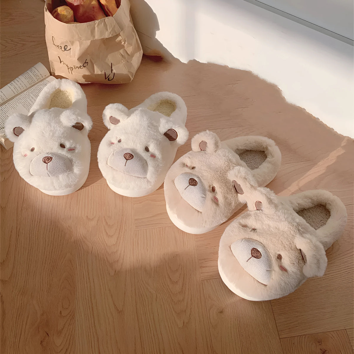 Women's cartoon patterned brown suede Baotou plush slippers with round toe.