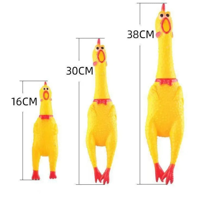 Yellow rubber screaming chicken dog squeak toy shown in three different sizes
