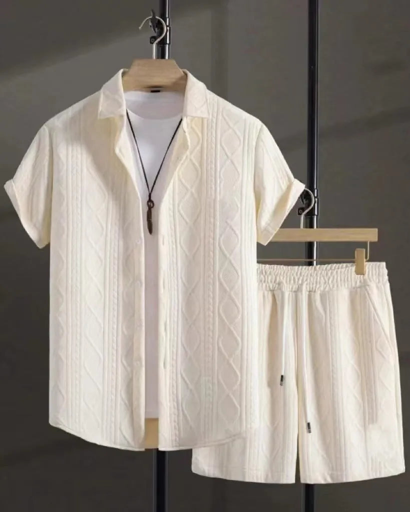 Jacquard short sleeve suit set in chemical fibre blend fabric available in beige, black, grey, or white