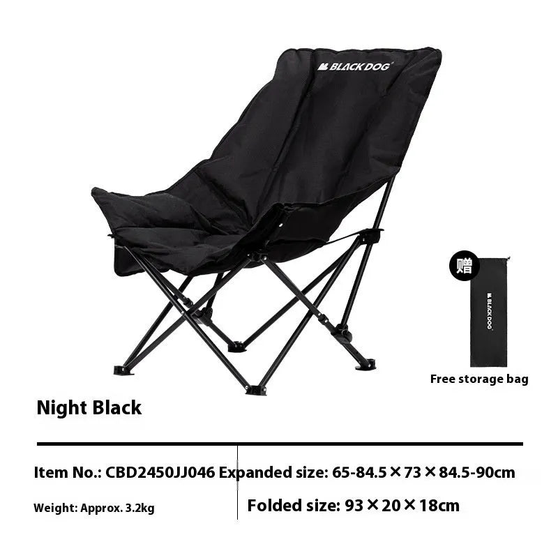Night black Oxford cloth folding moon chair with thickened padding shown in folded and open positions