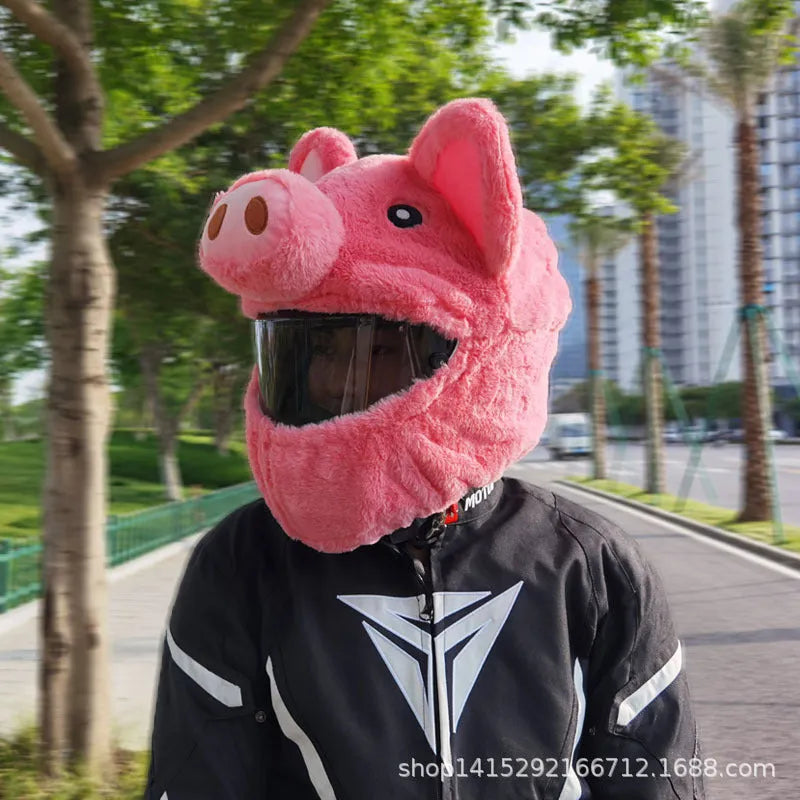 Pink cartoon pig design plush protective hood for motorcycle helmets