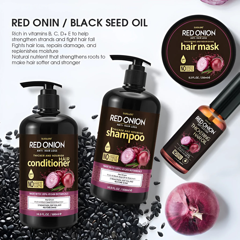 Red onion shampoo and conditioner set with hair mask and oil for dry damaged hair care