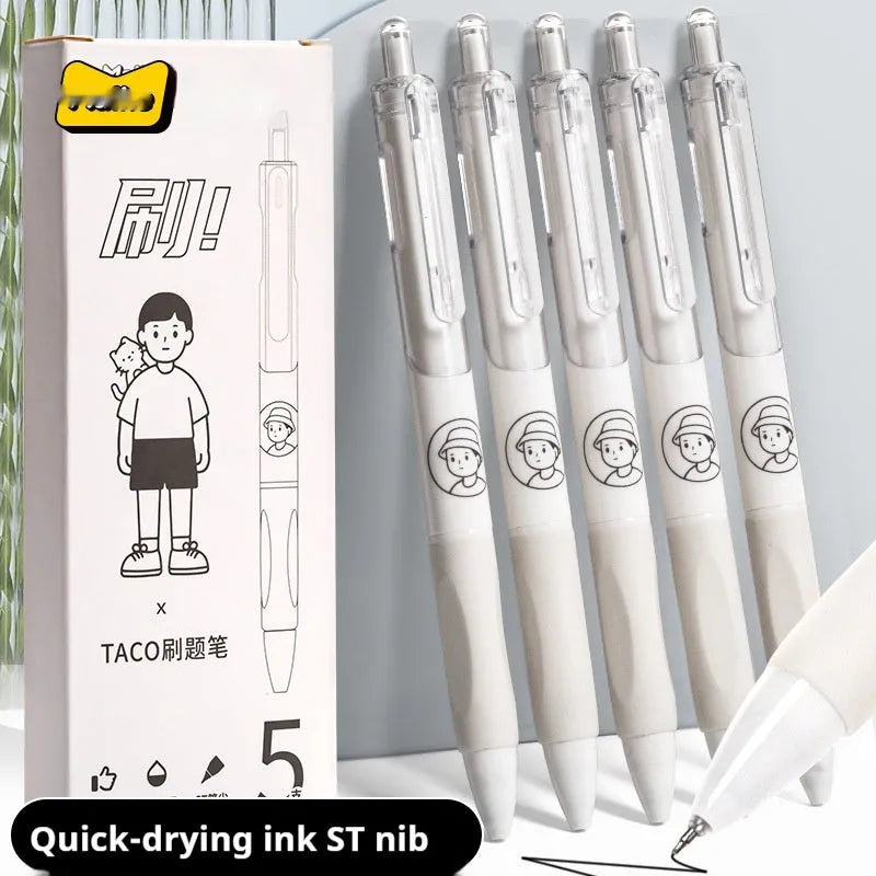 Five Taco brand ballpoint pens with 0.5mm black ink refills arranged together