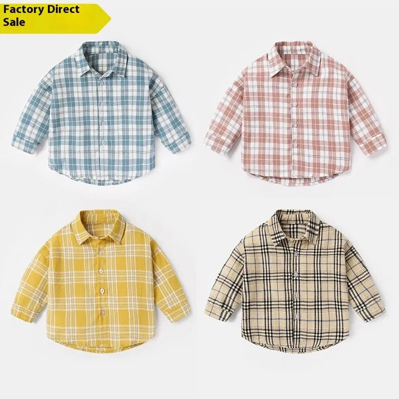 Boy's cotton lattice shirt with animal cartoon pattern in khaki colour