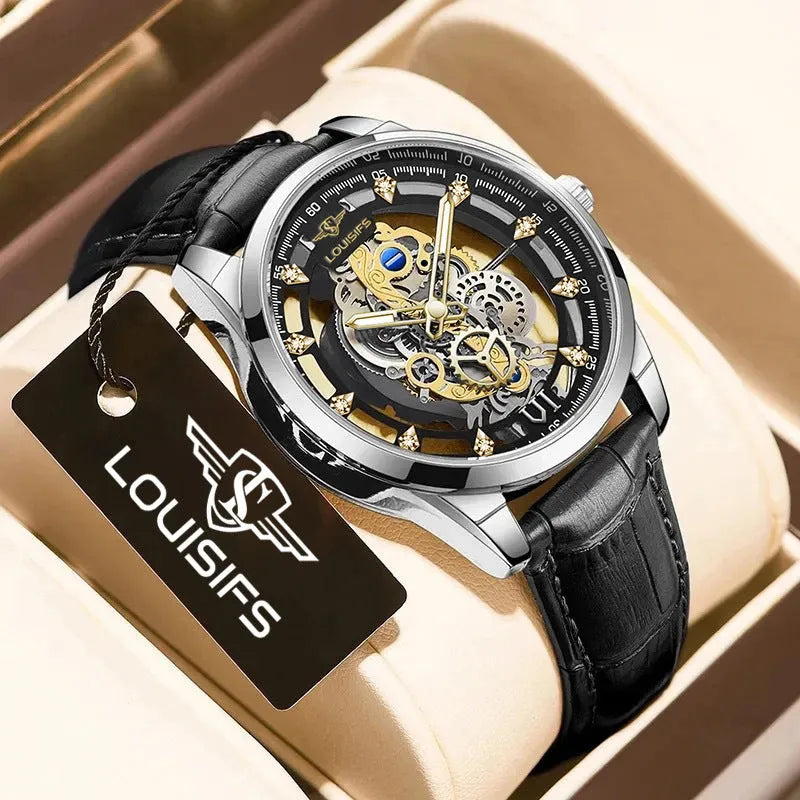 Swiss men's quartz watch with double-sided hollow case and leather strap in business styling