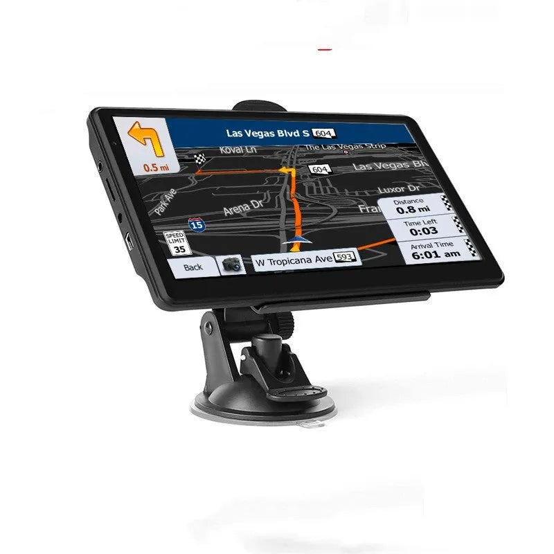 7-inch car GPS navigation device with touch screen display showing international maps