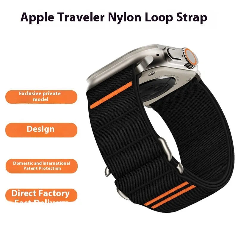 Elastic nylon Apple Watch band with stainless steel buckle in multiple colour options.