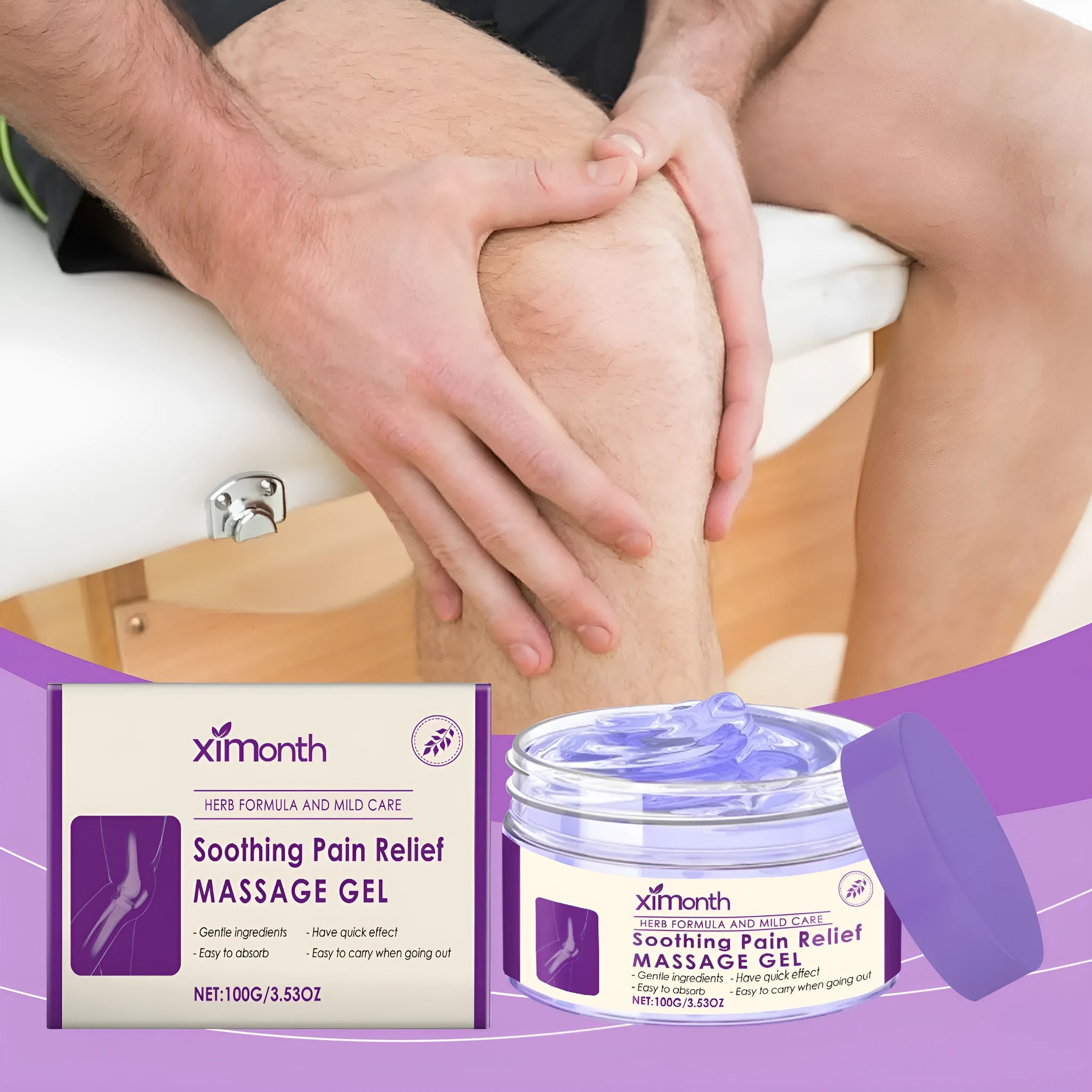 100g tube of body massage gel for joint and muscle care on knees and elbows.