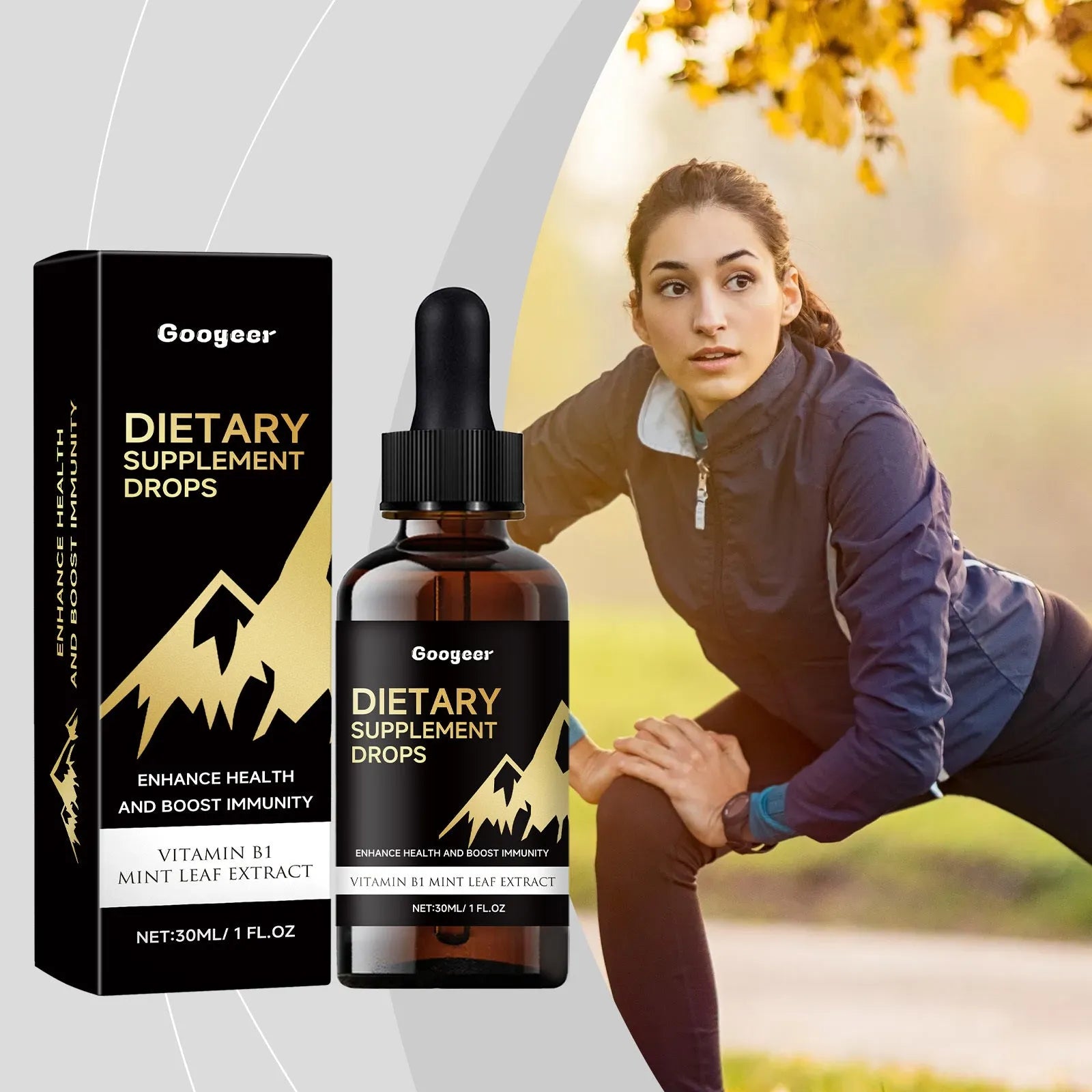 30ml bottle of clear liquid dietary supplement drops with a gluten-free, no-added-sugar label