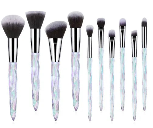 Set of 10 clear crystal handle foundation brushes with artificial fibre bristles in black blue red or yellow