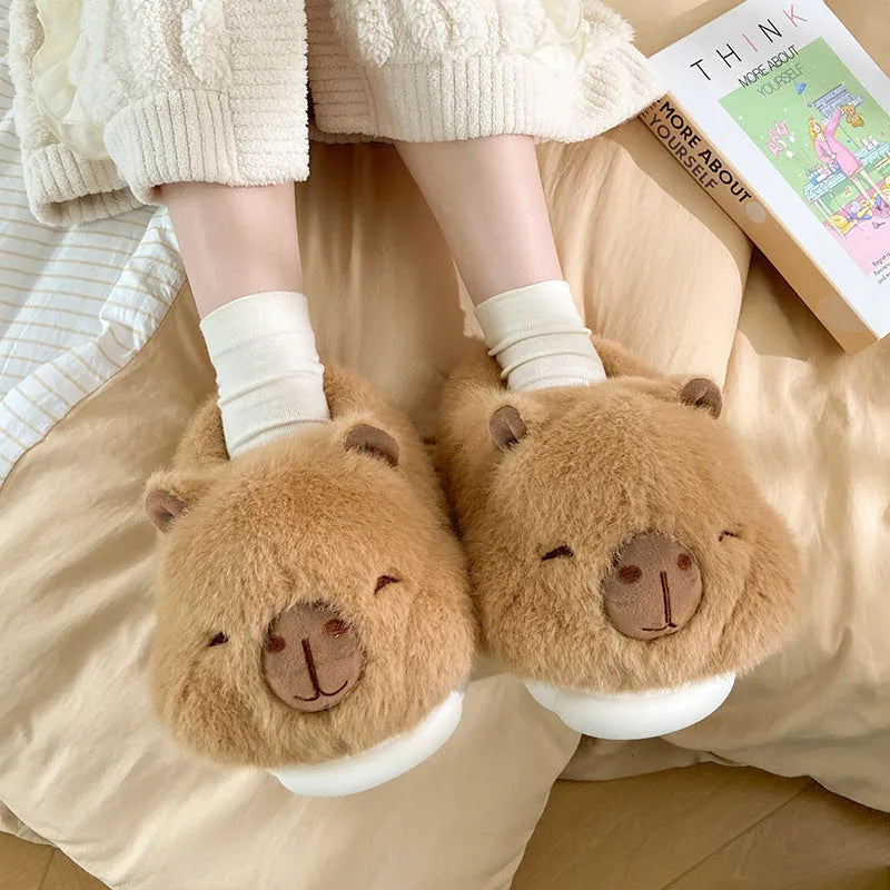 Light brown women's winter plush slippers with cartoon pattern and round toe design