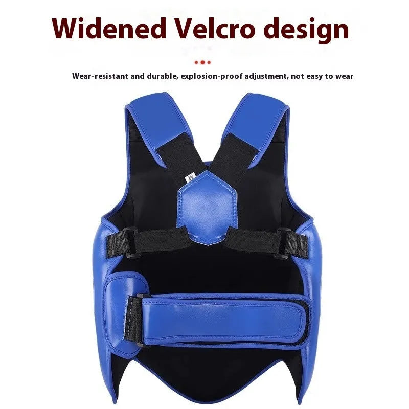 Sanda chest protector in PU, thickened vertical design for chest and belly, red white blue white black white, sizes S M L