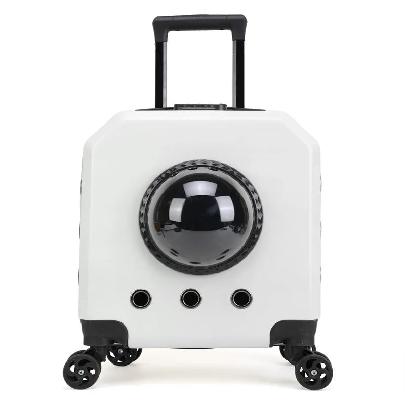 Hard-sided burgundy pet flight case on wheels with extendable handle for cat transport.