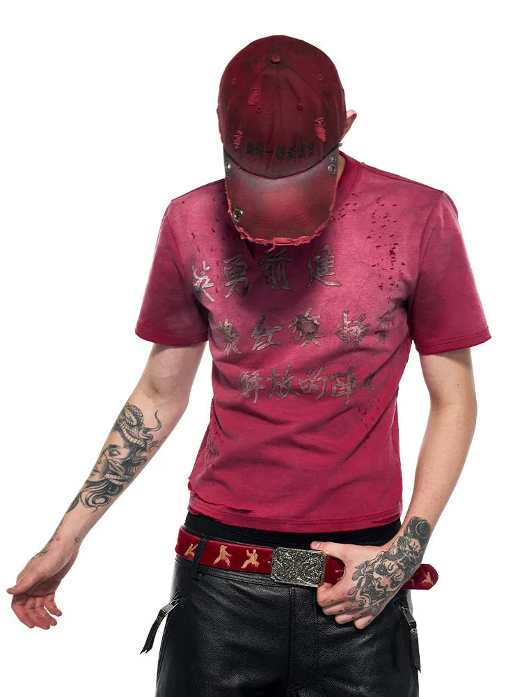 Men's red slim-fit t-shirt with distressed spray wash design and short sleeves