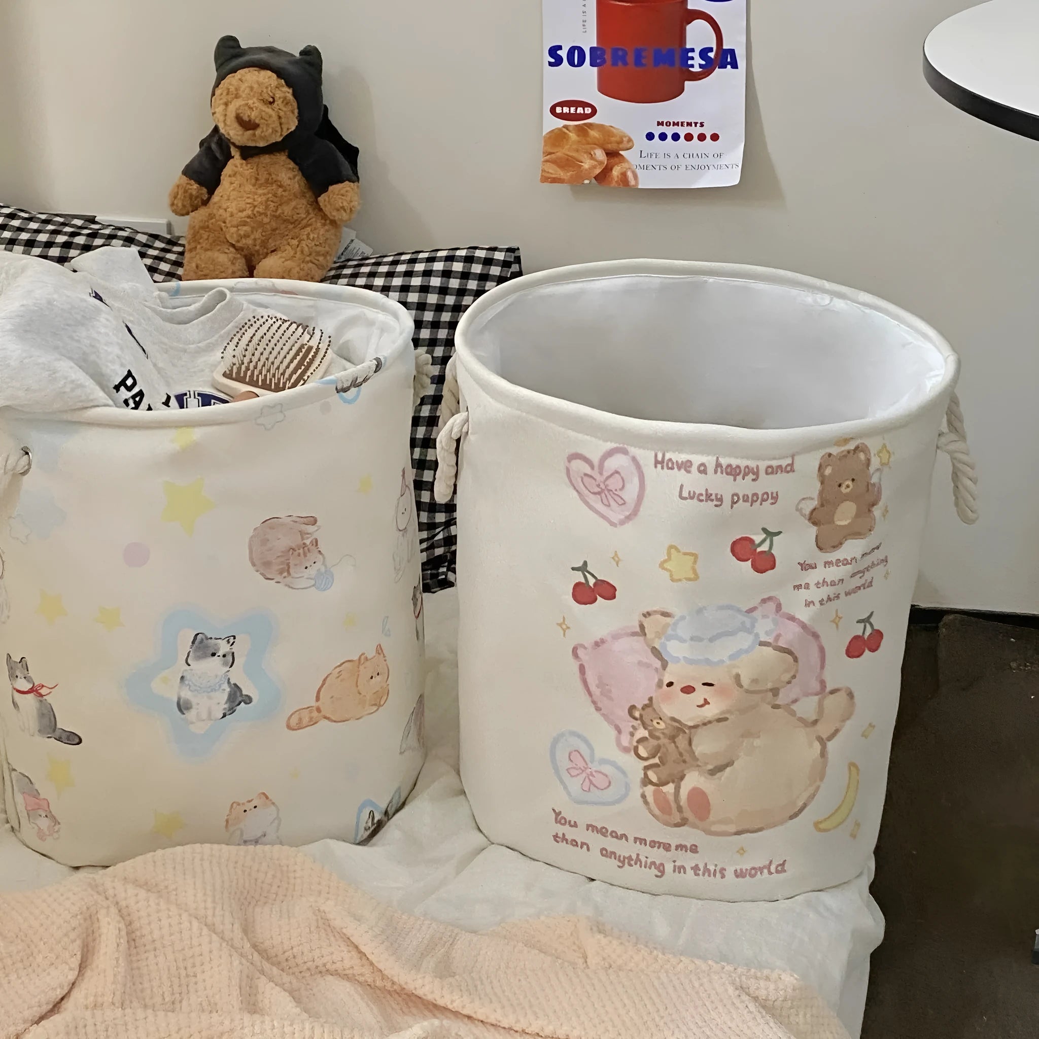 Foldable cotton cloth laundry basket with bear print design for bedroom storage