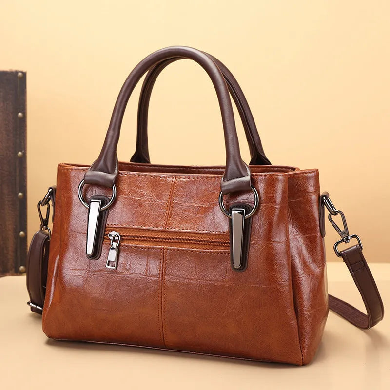 Horizontal square PU shoulder bag in vintage brown colour with single strap and open outer pocket