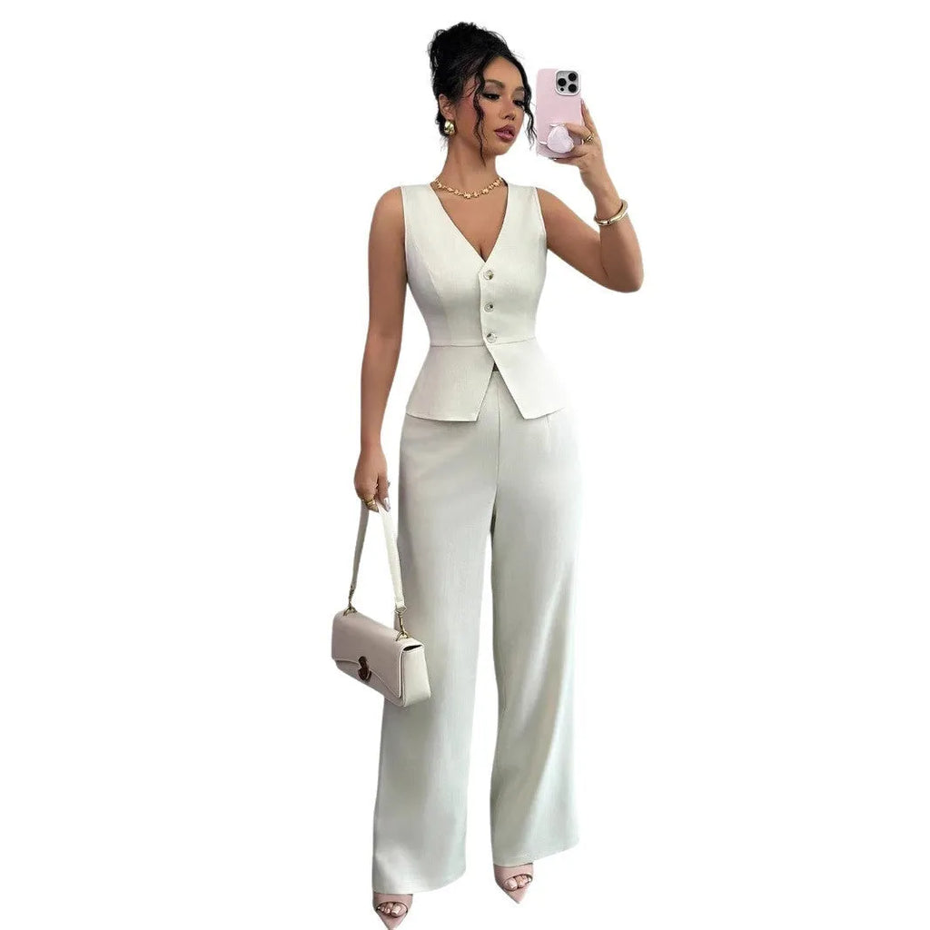 Women's solid colour sleeveless vest and high waist trousers two-piece set in a casual style.