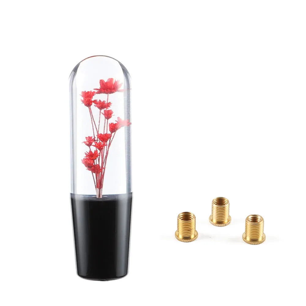 15cm transparent crystal car gear head with water flower design, shown with three metal adapters.