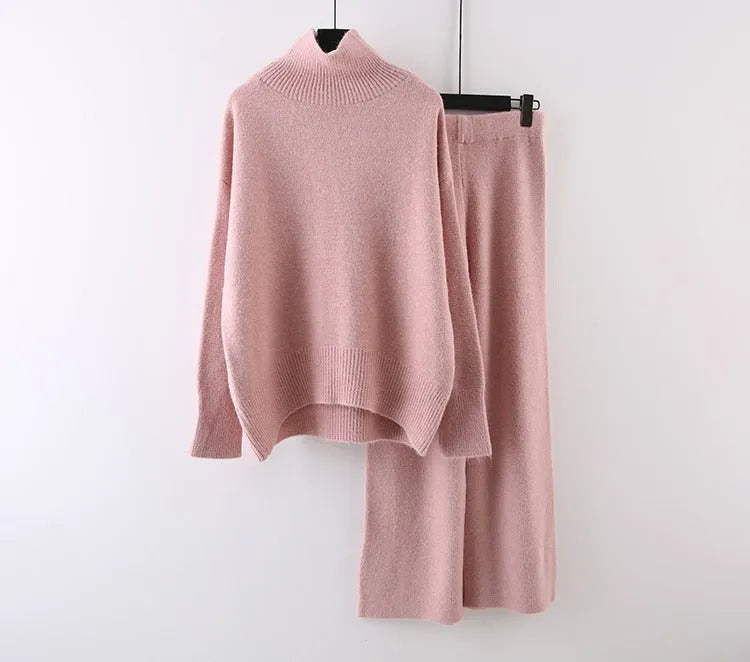 Women's casual two-piece set with acrylic sweater and wide-leg trousers in solid colour