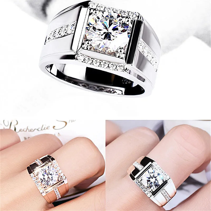 Adjustable open mouth men's ring with a diamond-shaped geometric design in a choice of metallic finishes.