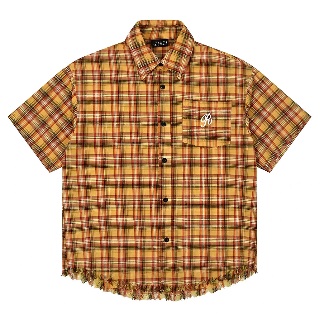 Yellow grid plaid shirt with American embroidery pocket detail and short sleeves