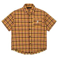 Yellow grid plaid shirt with American embroidery pocket detail and short sleeves