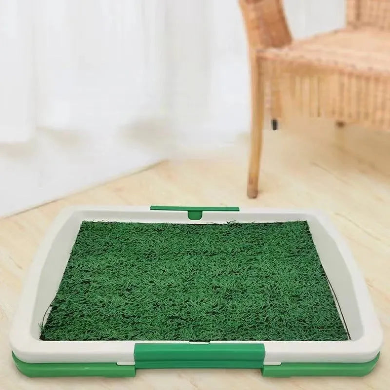 Green synthetic turf dog toilet with three-layer construction for indoor potty training