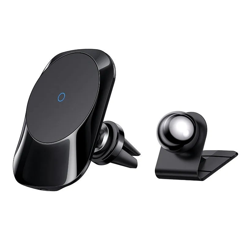 Black magnetic car wireless charger mounted on dashboard with phone attached