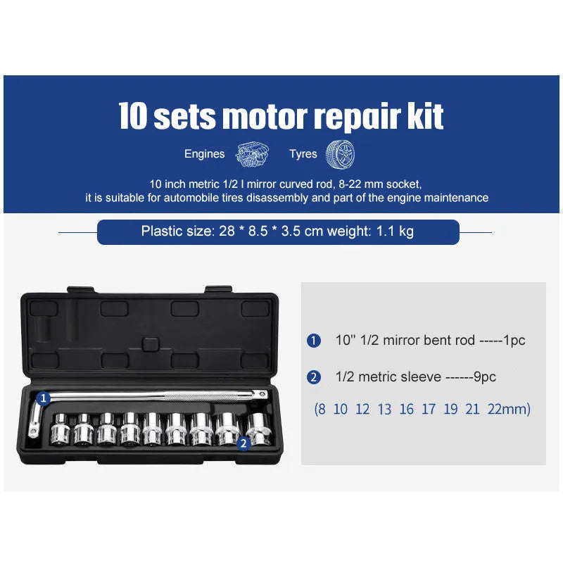 Chromium vanadium steel socket ratchet wrench set with nickel plating for home and auto repair.