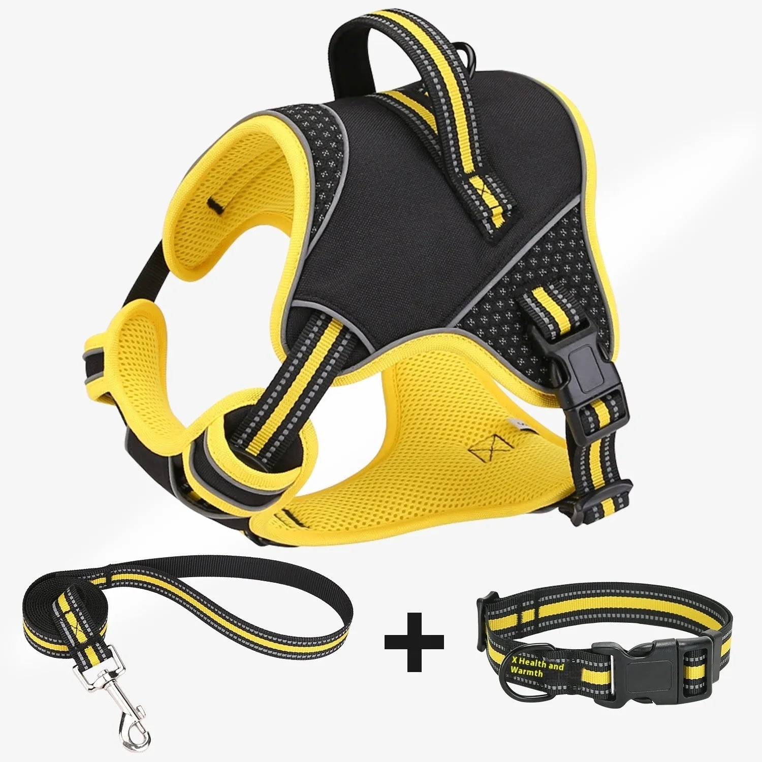 Orange polyester dog harness and leash set with anti-escape design shown on medium-sized dog