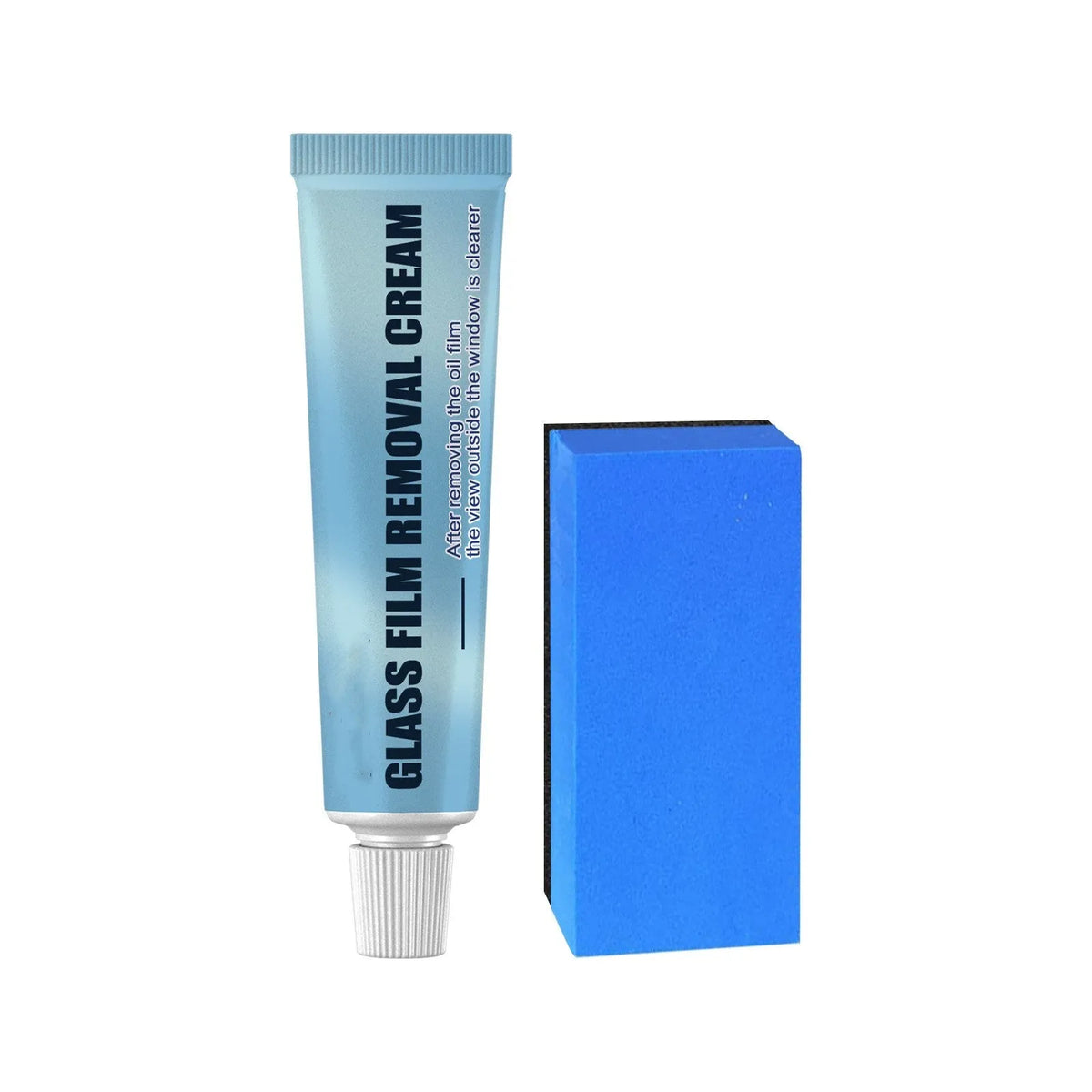Blue car glass oil film remover stick and sponge for windscreen decontamination.