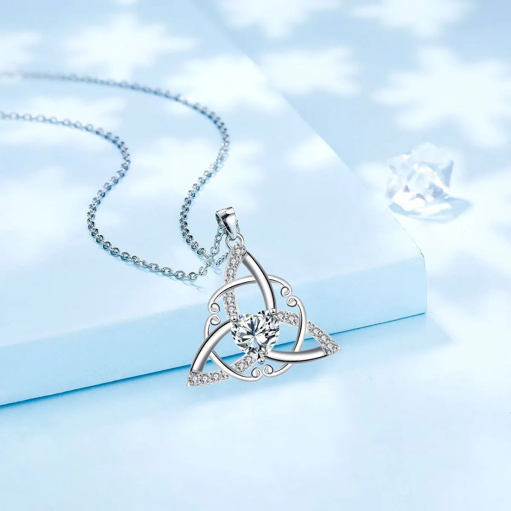 Geometric Celtic knot pendant necklace for women in copper with a choice of coloured electroplated finishes.