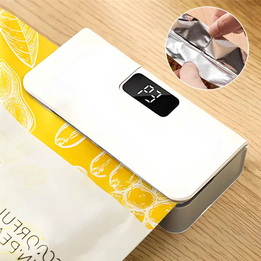 Portable mini sealing machine in blue and white colours measuring 4x3.5x14.4cm