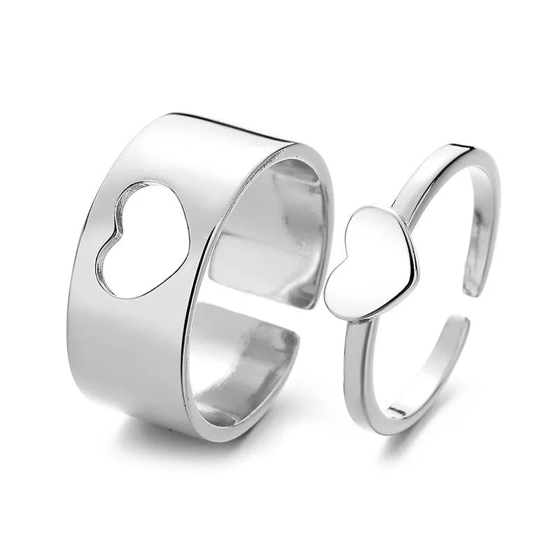 Adjustable copper couple rings with bow and heart design, electroplated in gold or silver, two-piece unisex set