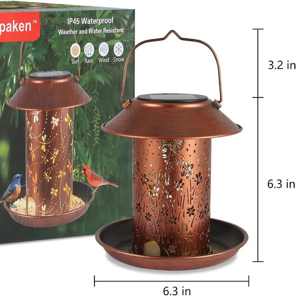 Iron art solar lamp bird feeder with hummingbird pattern for garden decoration.