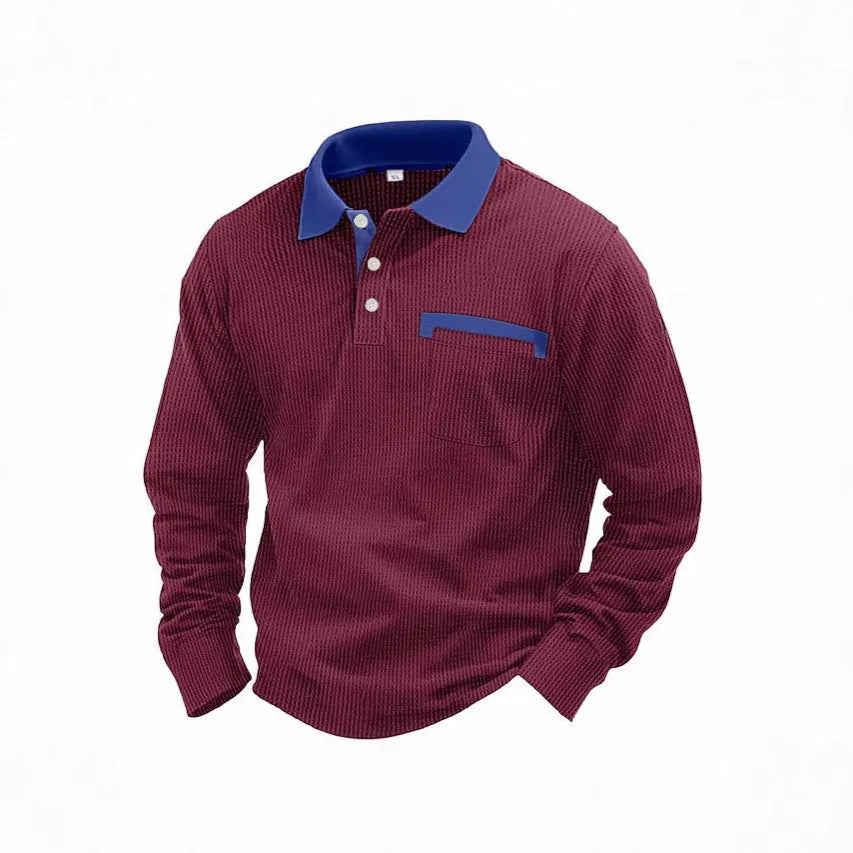 Men's long sleeve waffle polo shirt with asymmetric design in wine red colour