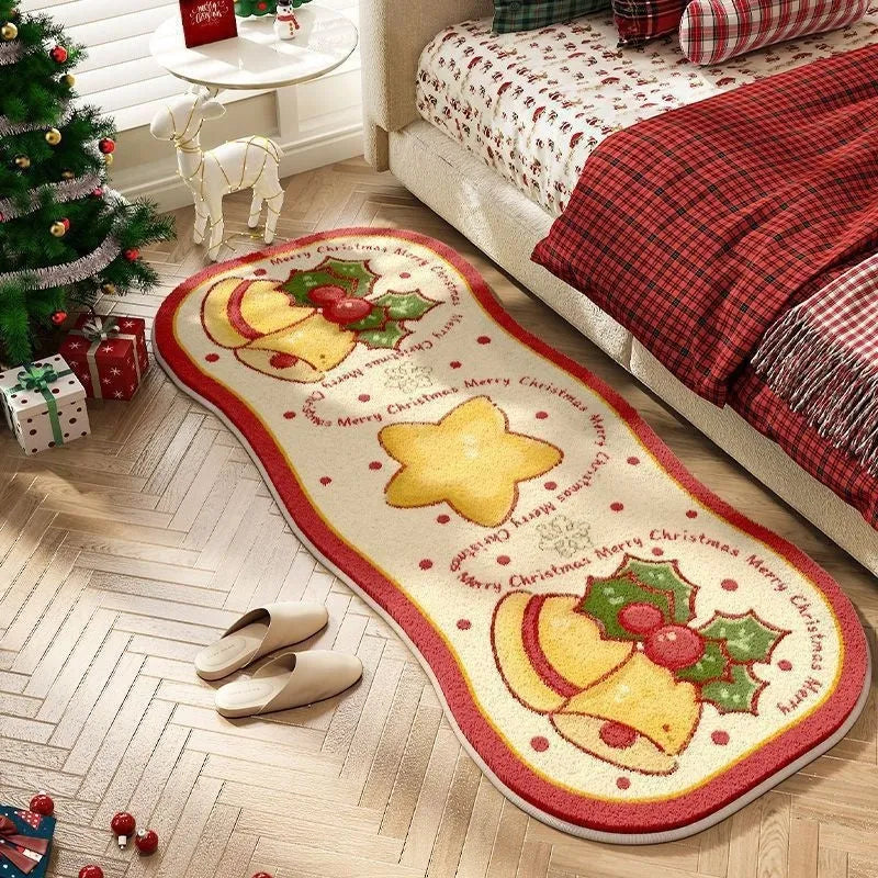 Christmas cashmere carpet decoration in imitation cashmere with festive patterns including ginger cake bear and Christmas tree designs