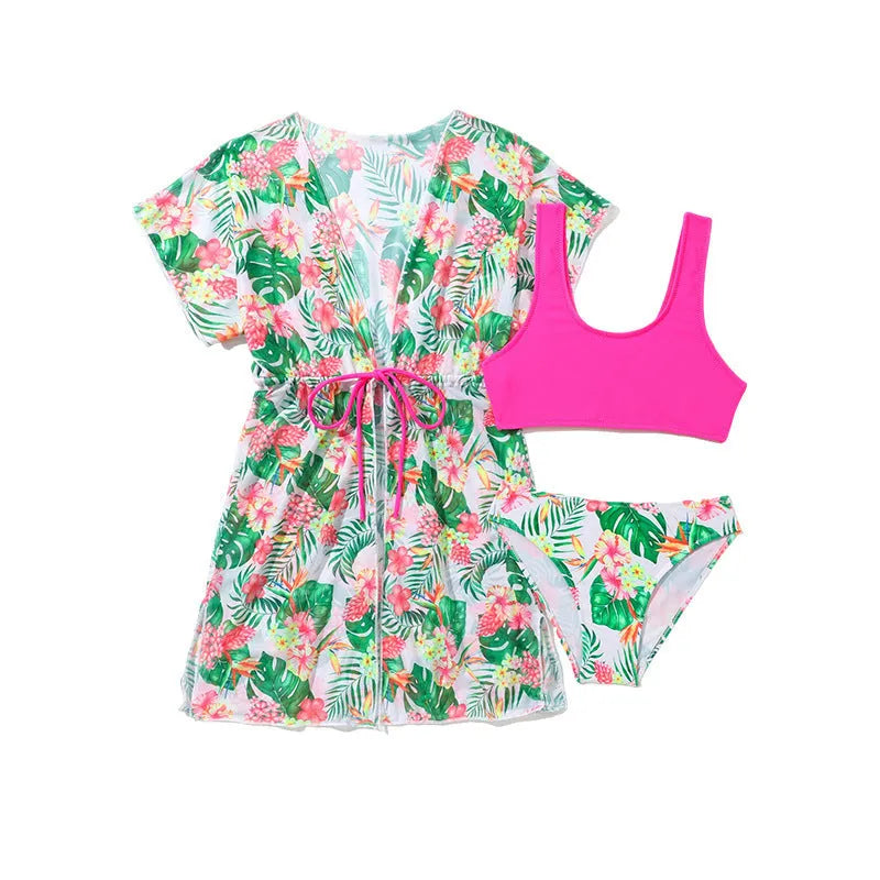 Girls' two-piece floral swimsuit in polyester for swimming, sizes 130-160cm