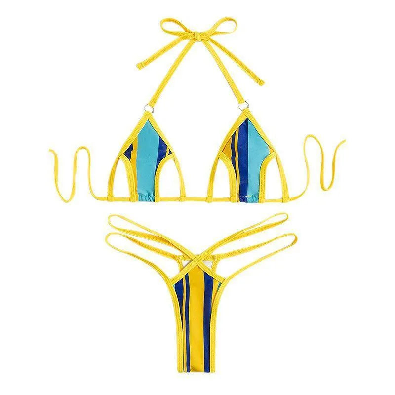 Yellow women's split swimsuit with neck-hanging style, high waist, and backless hollow design