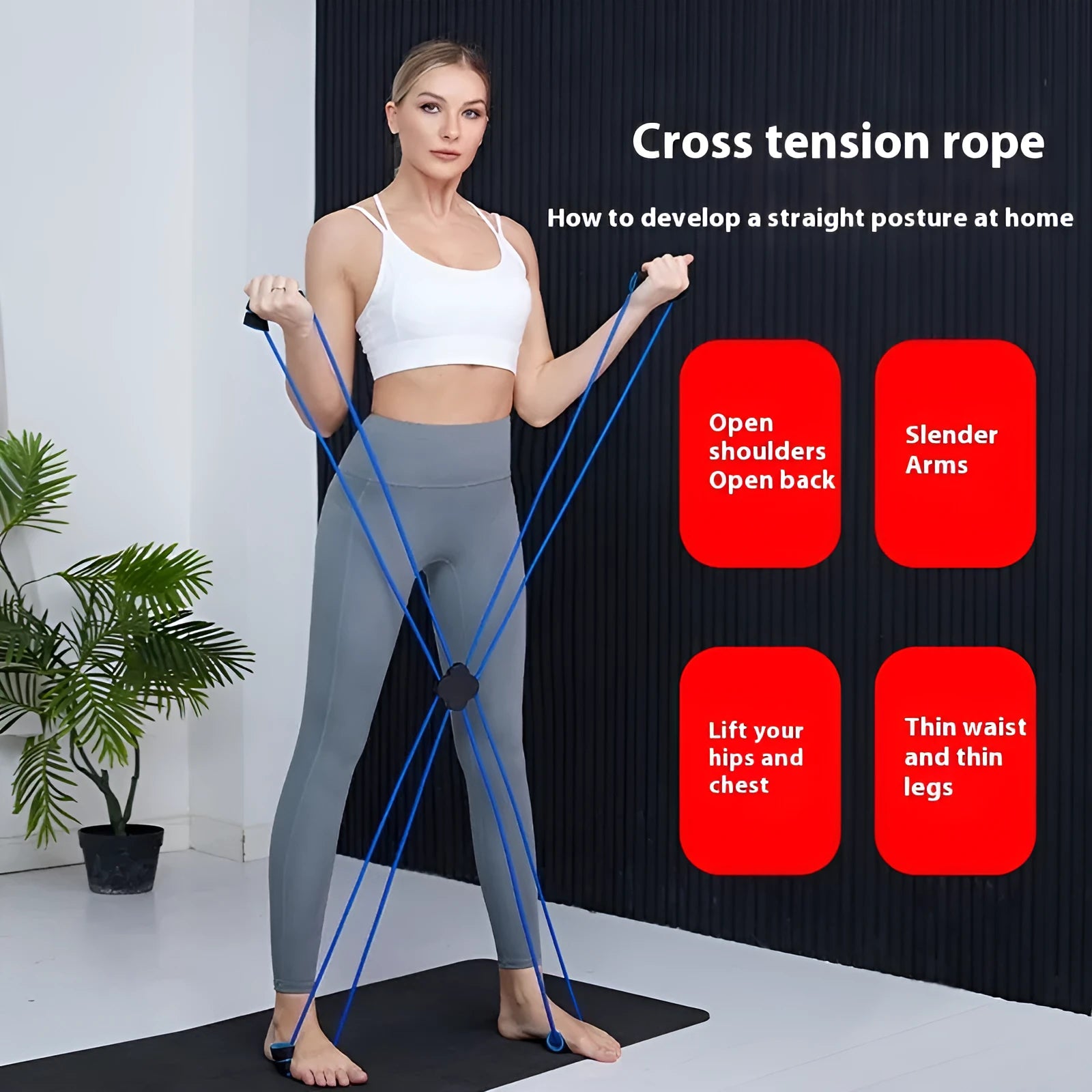 Blue eight-character fitness puller with cross tension device for shoulder exercises