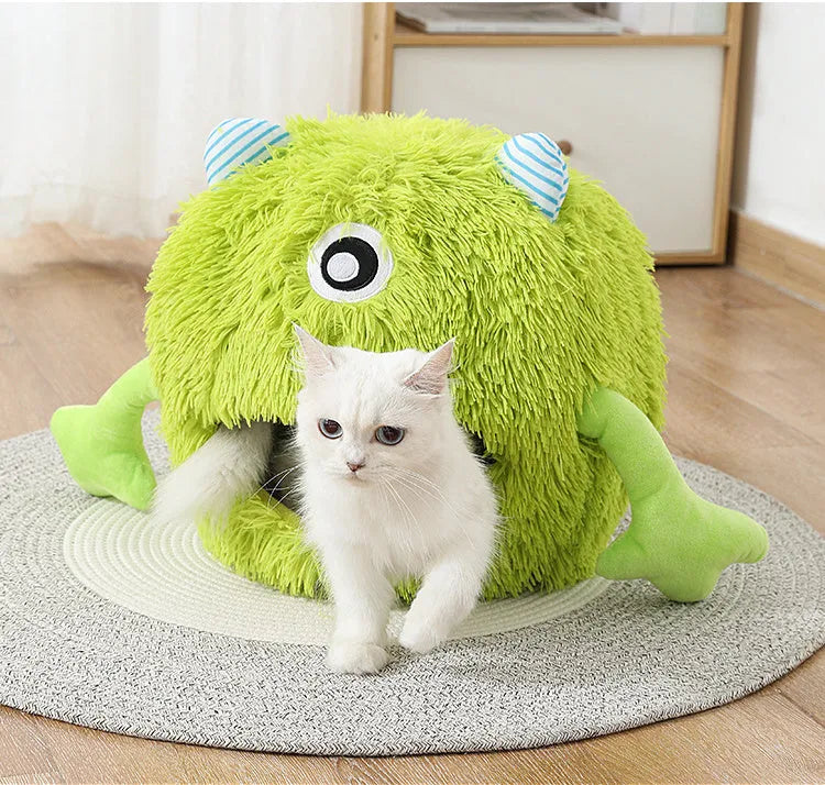 Round fluffy plush cat bed with non-slip base in small, medium, and large sizes