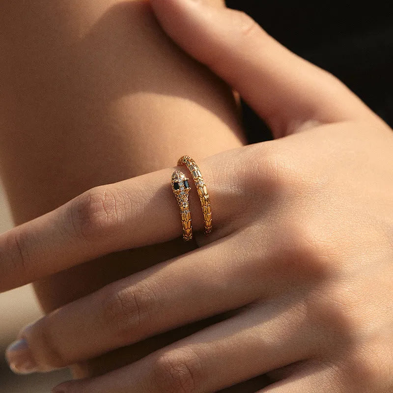Adjustable snake-shaped copper ring with diamond treatment and 18K gold plating for index finger