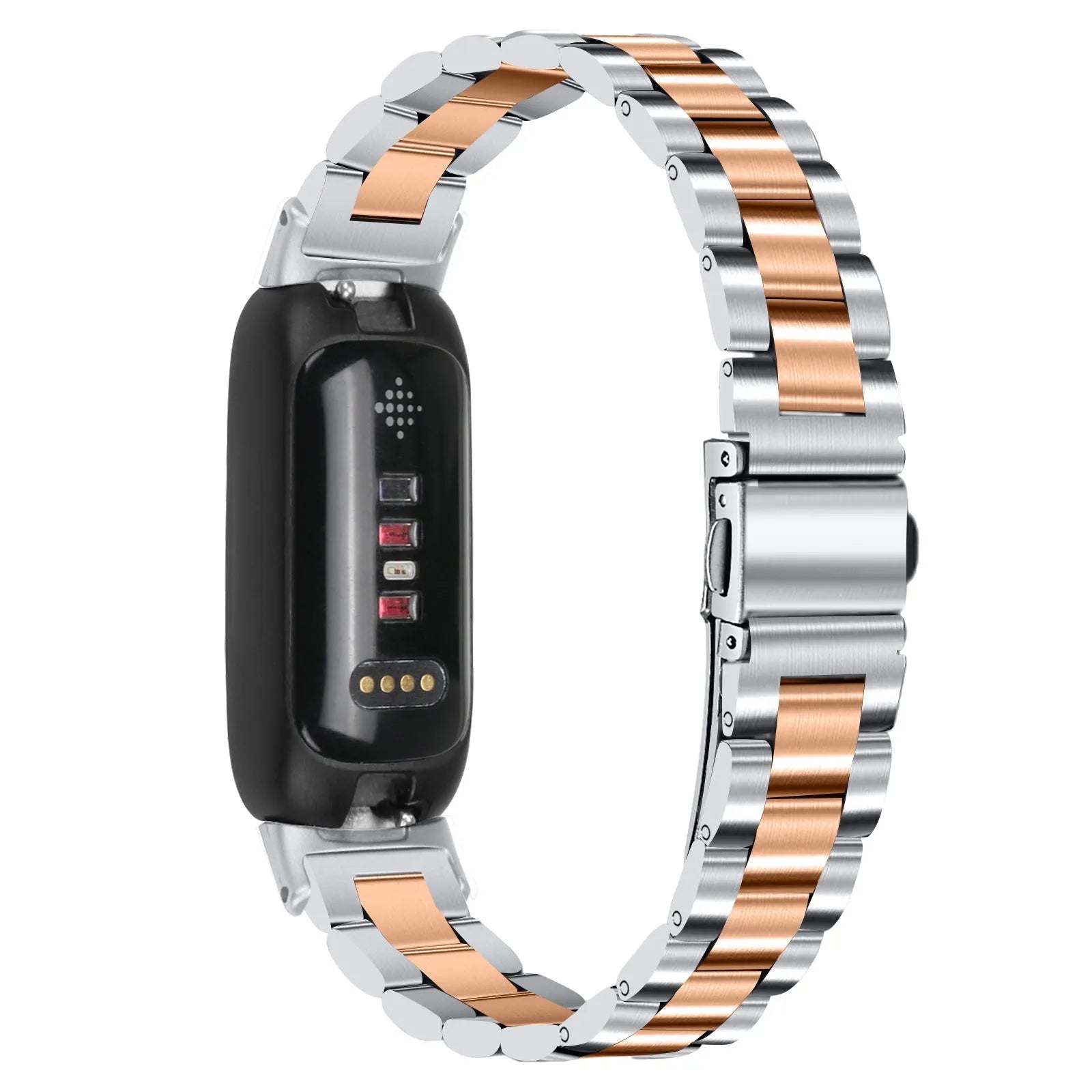 Stainless steel three bead watch strap for Inspire 3 with 12mm interface in silver gold and rose pink finishes