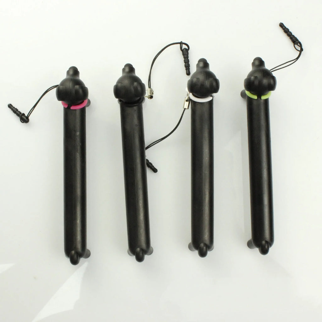 Black dog-shaped touch screen stylus showing dual-length design and phone holder function